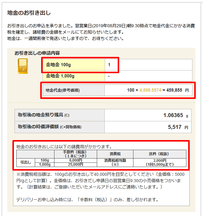 ゴールドバーへの交換申請
