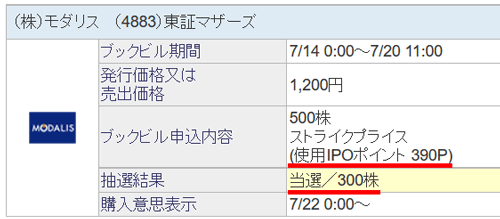 未成年口座で300株当選
