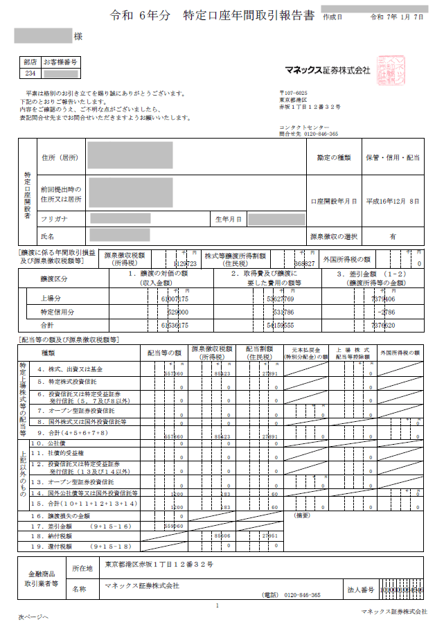 特定口座年間取引報告書
